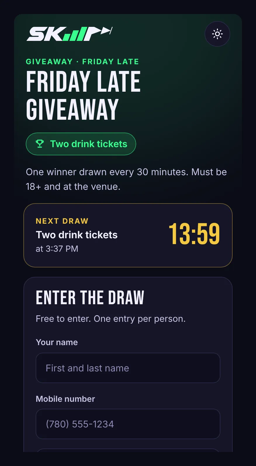 The giveaway page on a guest's phone