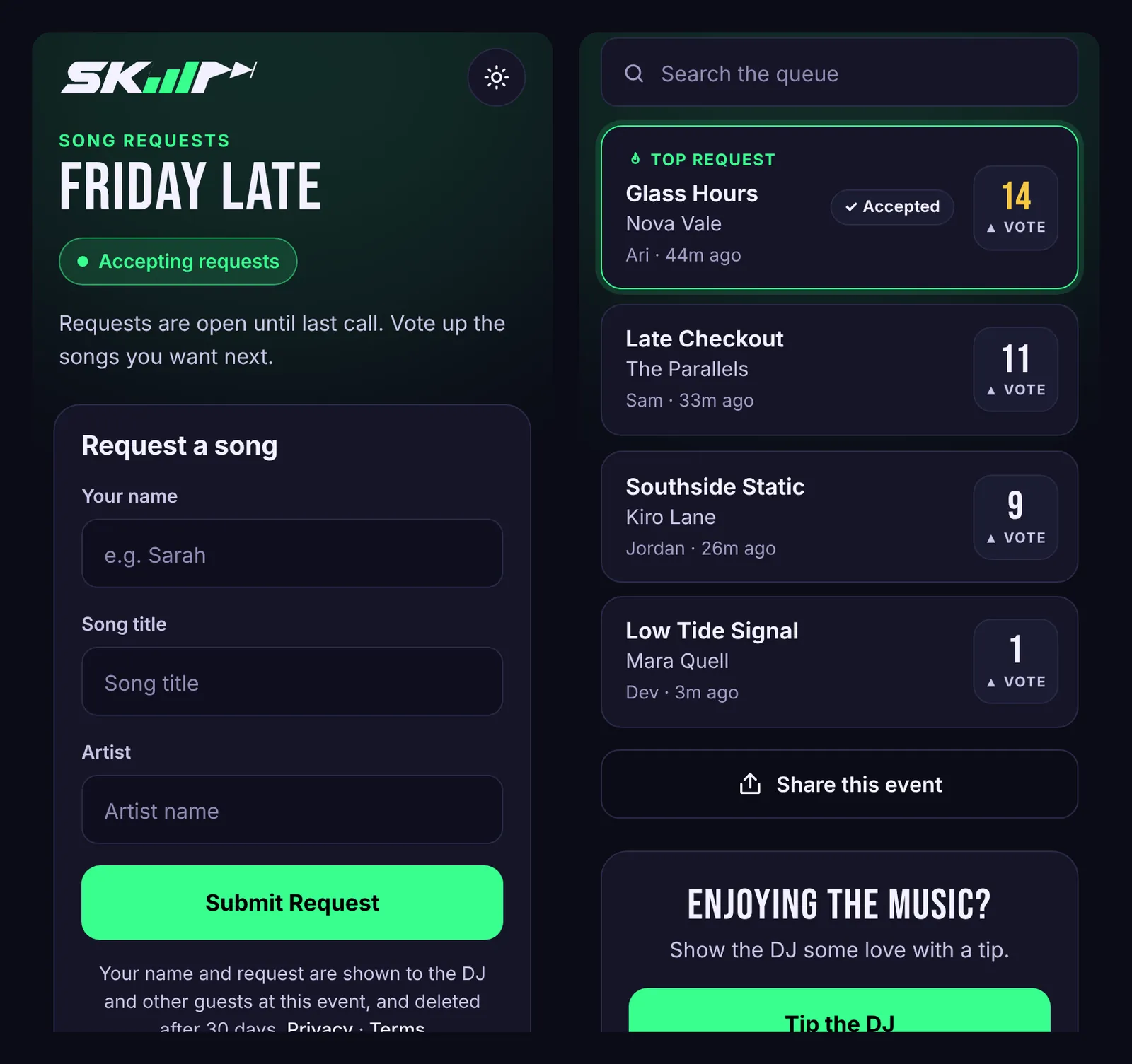 The guest request page and live queue on a phone