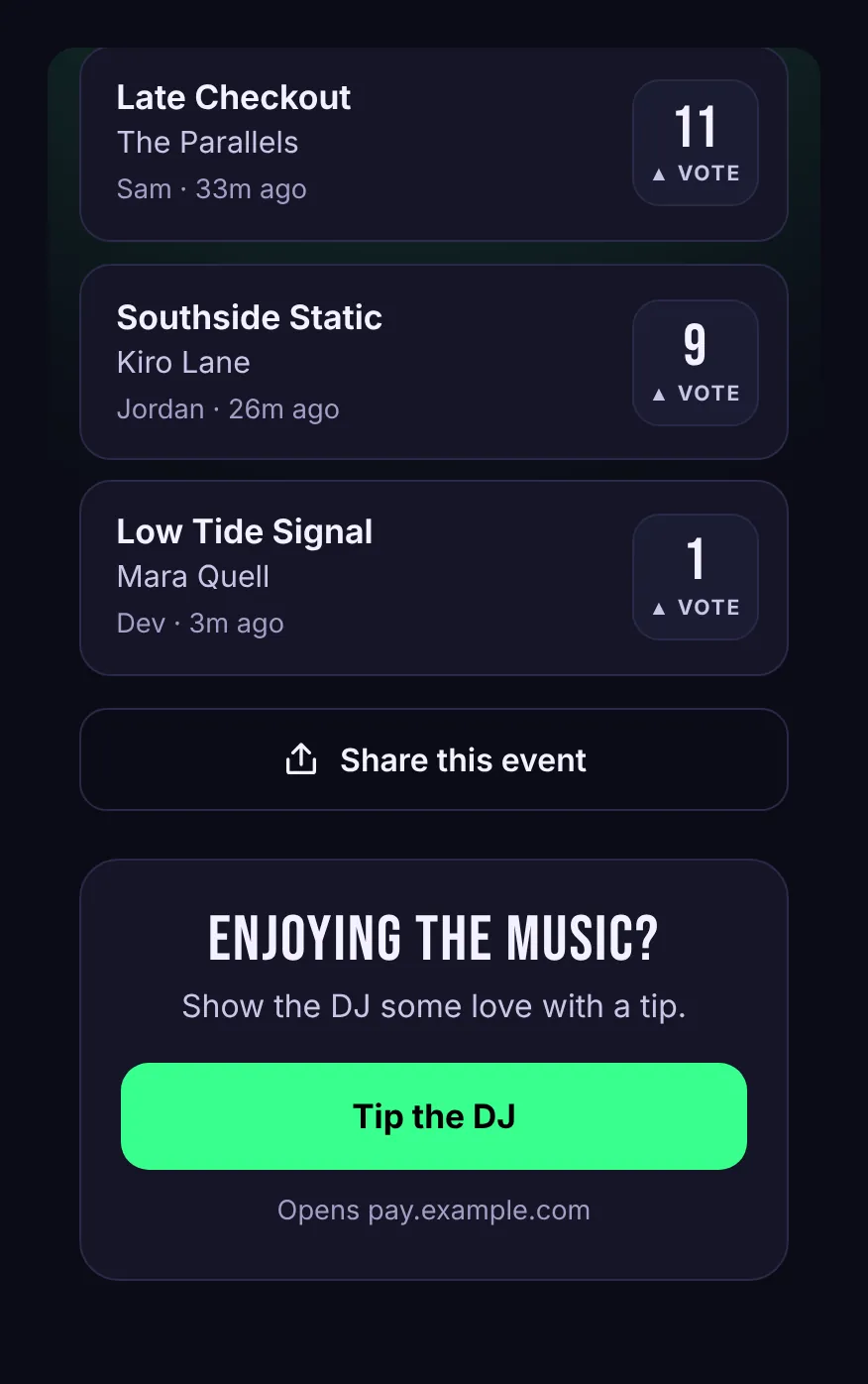 The tip card at the bottom of the guest request page