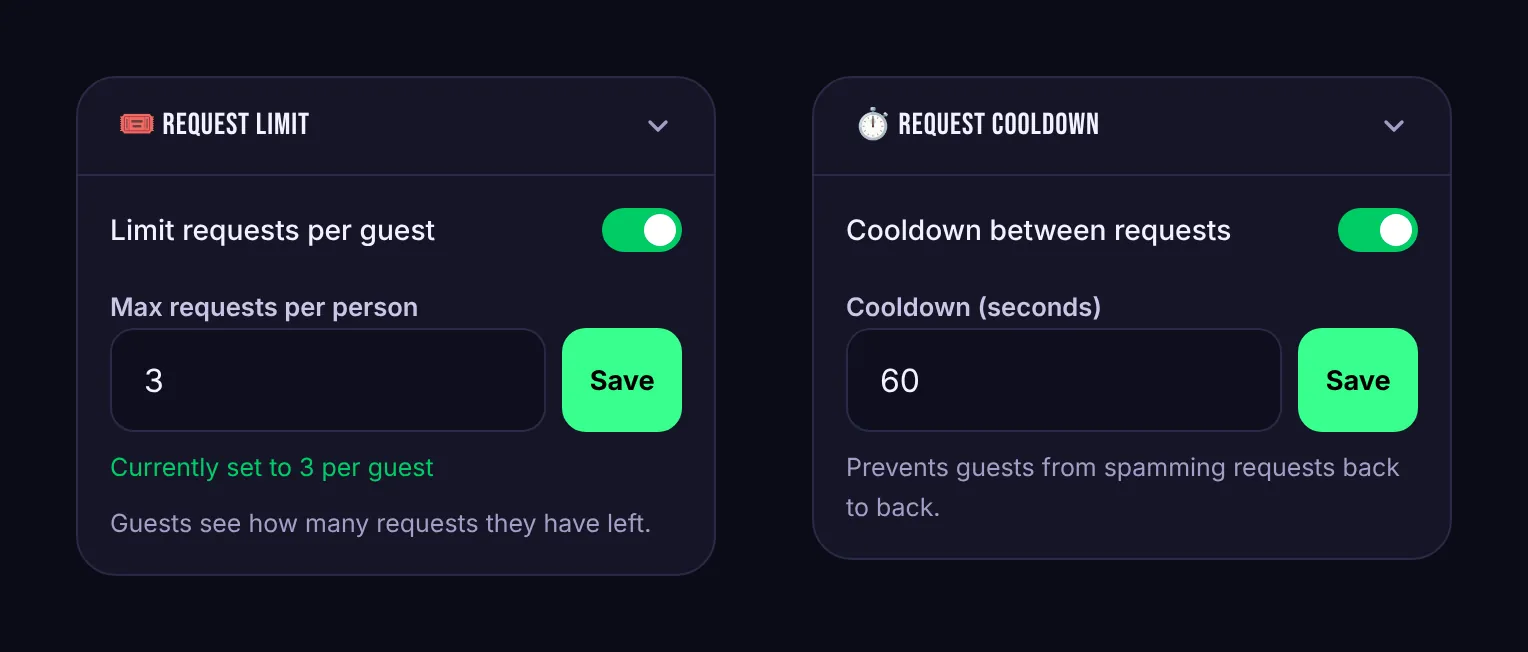 The Request Limit and Request Cooldown cards