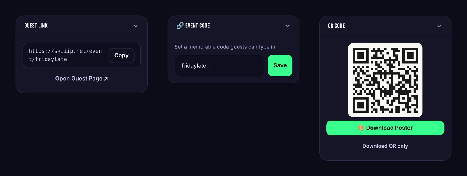 The Guest Link, Event Code and QR Code cards in the event manager